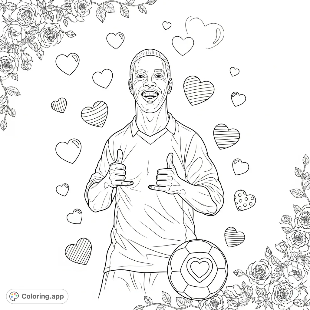 Celebrate love and football with this free printable Ronaldinho coloring page! Featuring the legend amidst hearts and roses, perfect for fans.