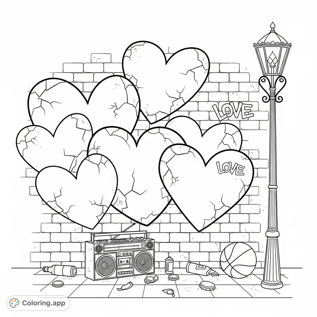 An urban style Valentines Day coloring page depicting graffiti hearts on a brick wall, with a boombox and street lamp for a cool, contemporary street art vibe.