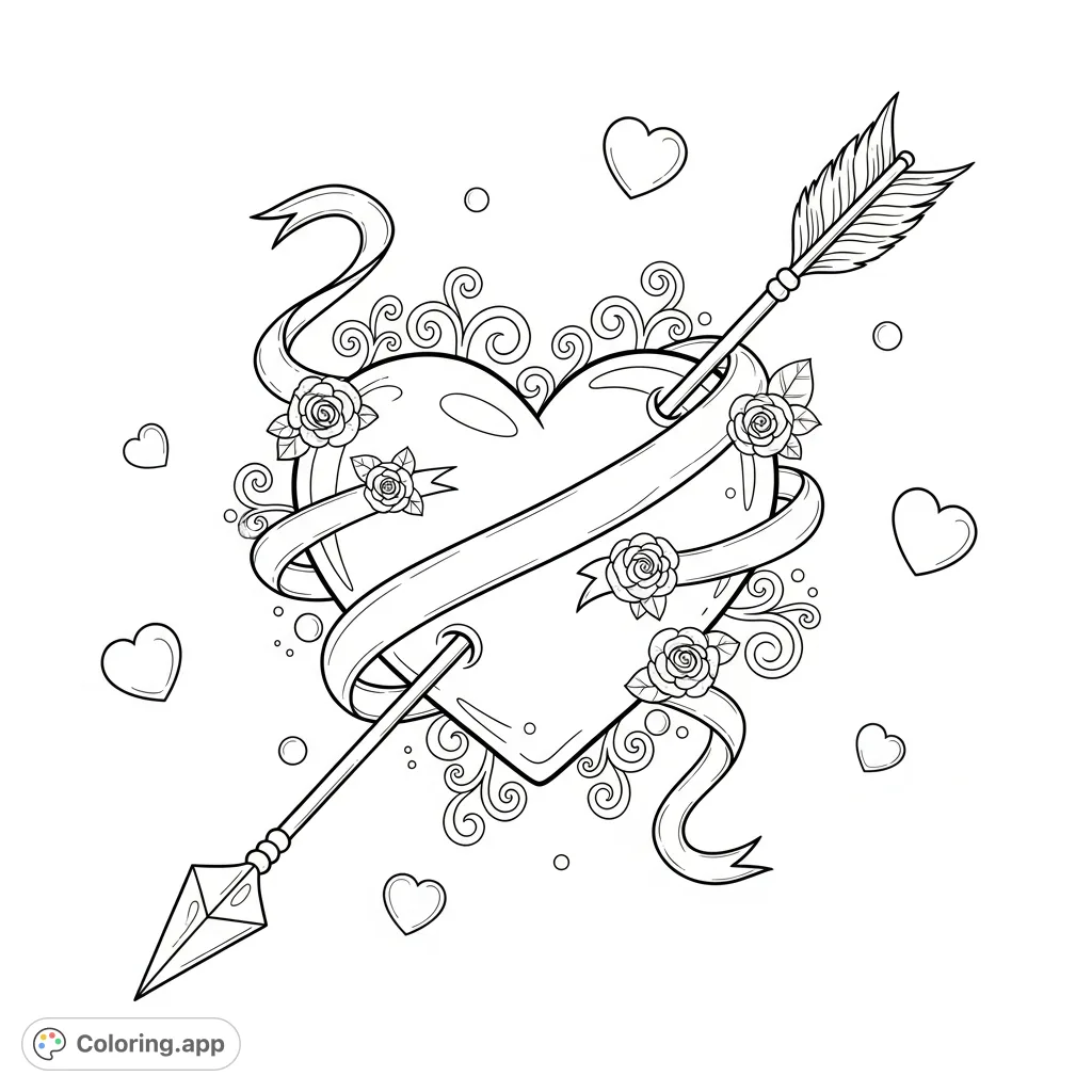 A beautiful Valentines Day coloring page featuring a pierced heart, elegant arrow, delicate roses, and floating small hearts, perfect for expressing affection.
