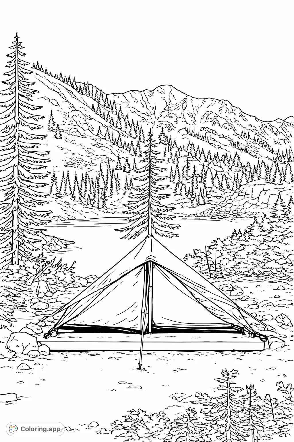 Immerse yourself in a serene mountain lake camping coloring page featuring a cozy tent nestled by tranquil waters and majestic, tree-covered peaks.
