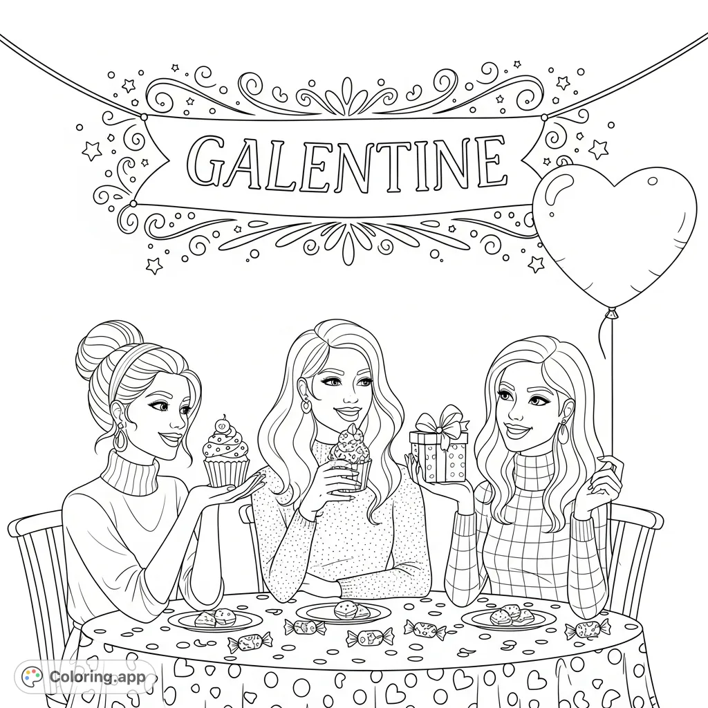 Celebrate sisterhood with this delightful Galentine coloring page! Features friends, gifts, cupcakes, and a "GALENTINE" banner. Perfect for sharing joy!