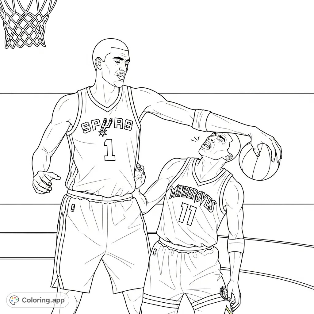 Experience an intense basketball moment: a San Antonio Spurs player (Number 1) in a physical play against a Minneapolis Timberwolves opponent (Number 11).