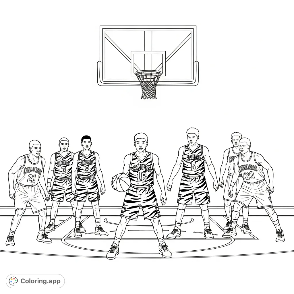 Dynamic scene of a young athlete in a tiger uniform, number 16, playing basketball with teammates against Cavalliers opponents on a detailed court.