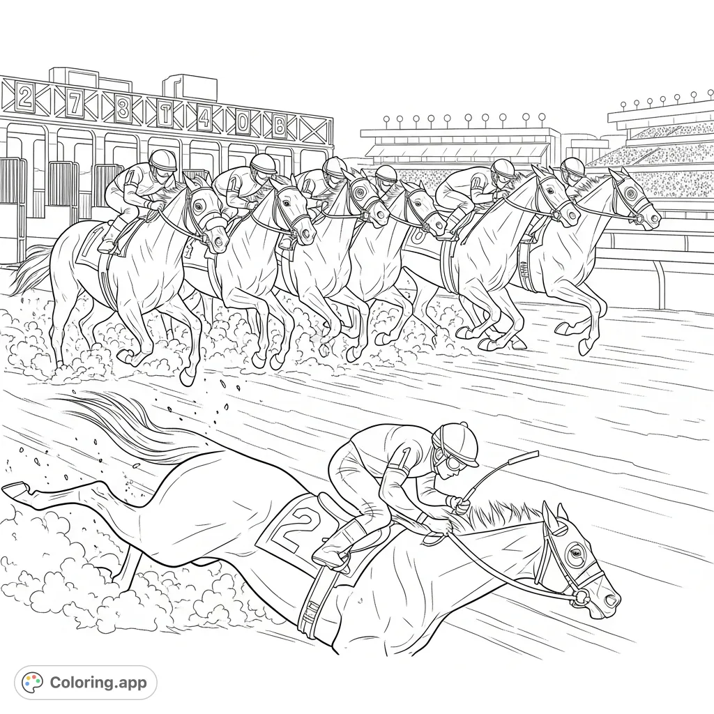 Capture the electrifying start of a Kentucky Derby race with a dramatic moment as a thoroughbred stumbles from the gate, amidst a flurry of hooves and jockeys.