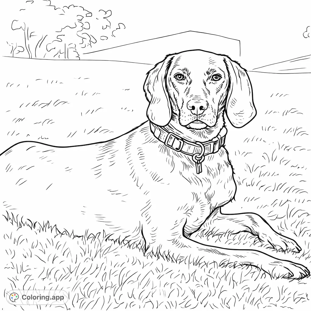 A charming coloring page featuring a loyal dog resting peacefully in a grassy field. Perfect for animal lovers of all ages.