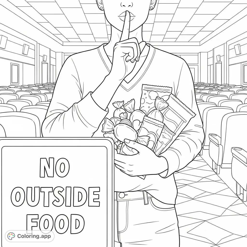 A humorous movie theater coloring page featuring a person sneaking snacks, making a 'shh' gesture, with a 'NO OUTSIDE FOOD' sign nearby. A fun challenge!