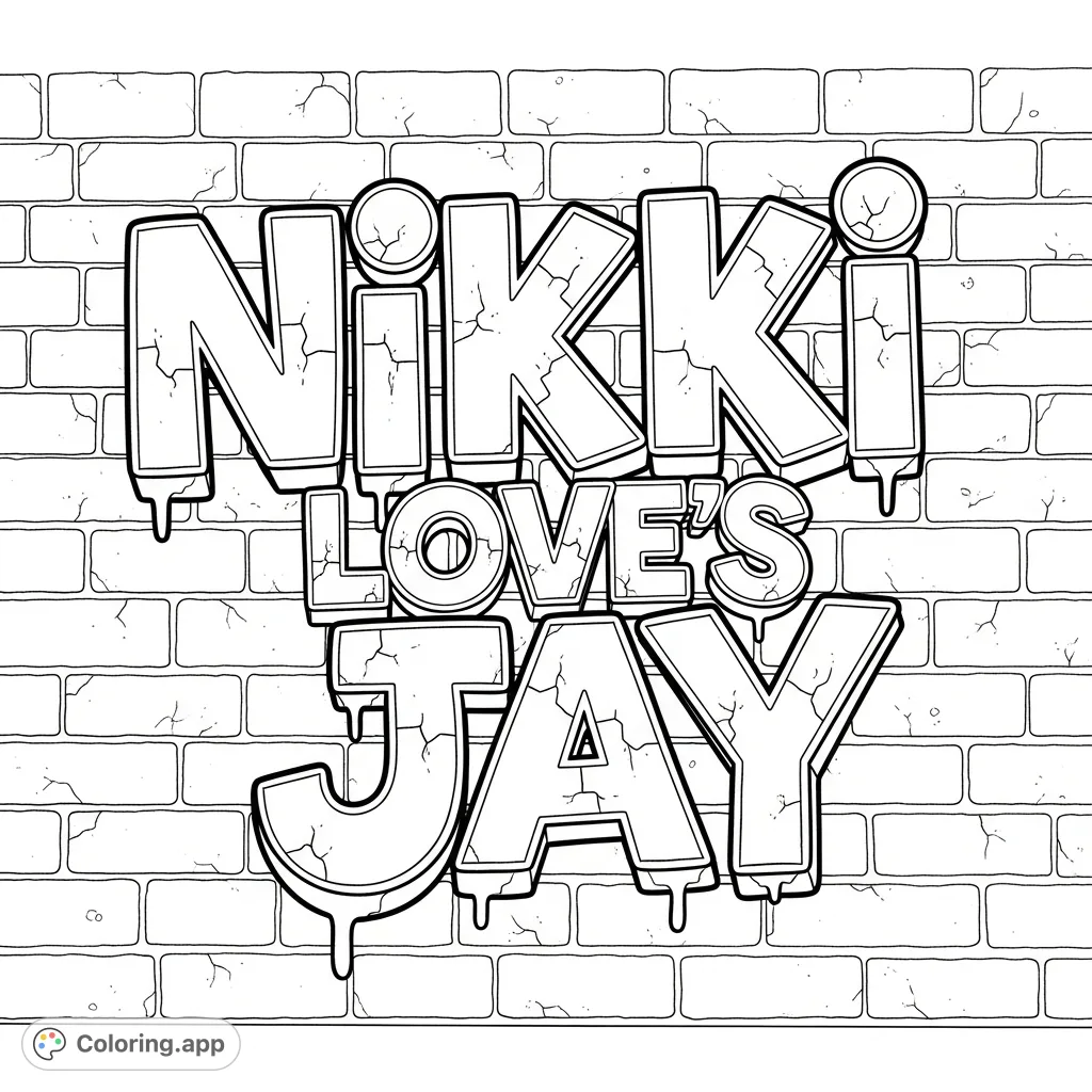 A dynamic graffiti coloring page featuring "Nikki Love's Jay" on a textured brick wall, perfect for urban art enthusiasts and personal expression.
