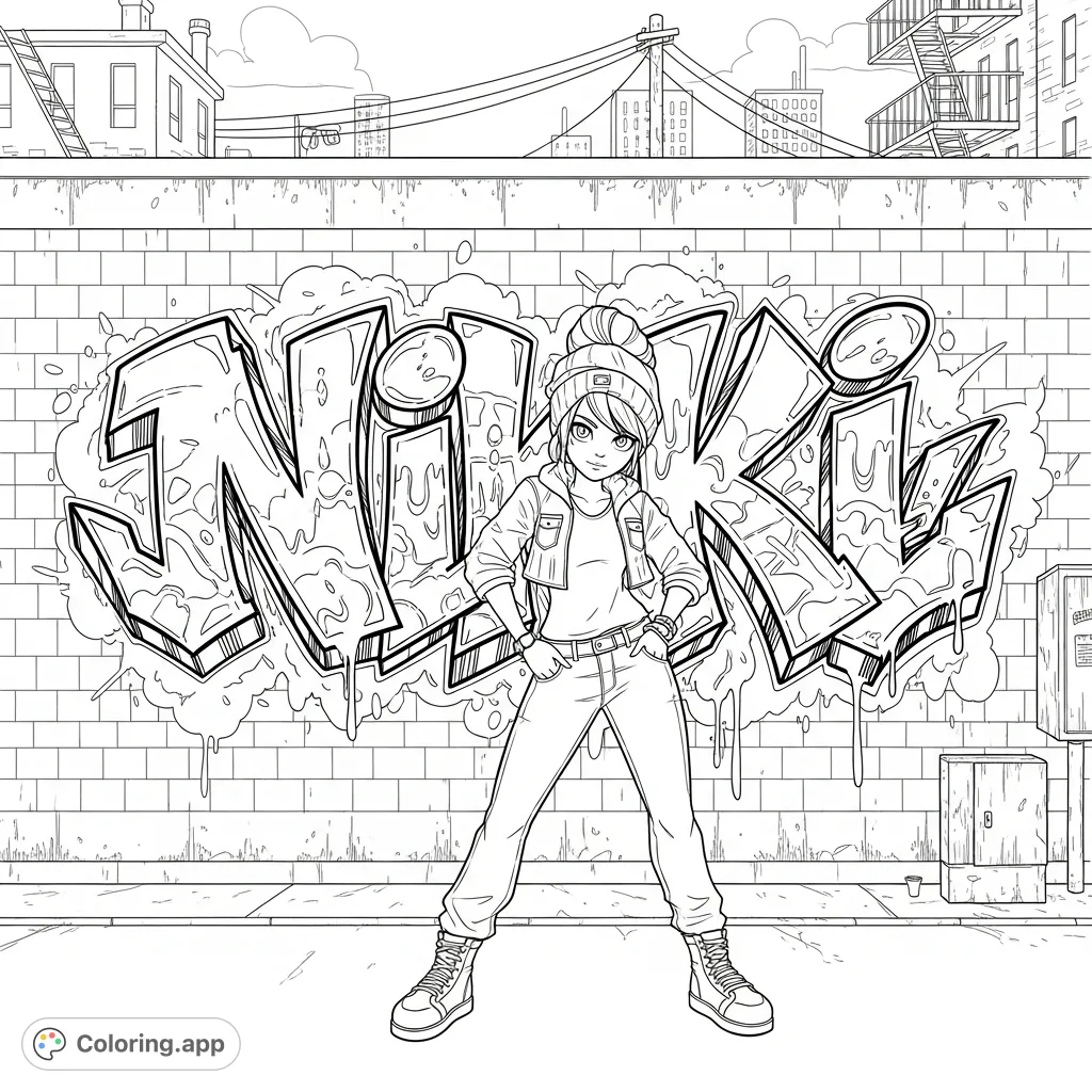 A vibrant Nikki graffiti coloring page featuring a stylized character and bold street art lettering on an urban brick wall. Unleash your creativity!