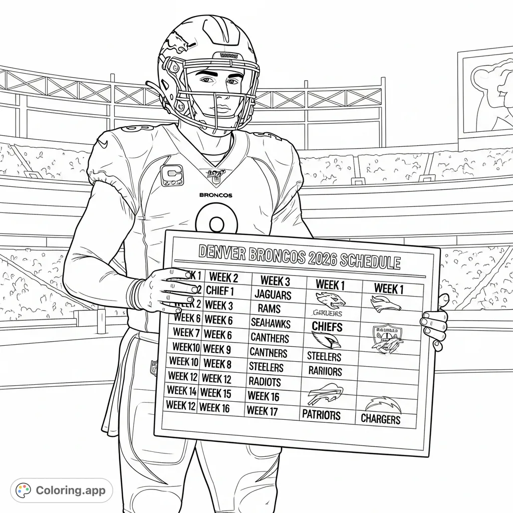 Color Bo Nix, Denver Broncos quarterback, as he presents the detailed 2026 NFL schedule. Featuring specific opponents for each exciting week.