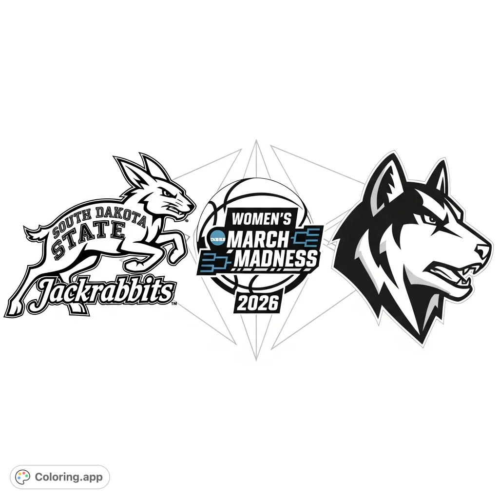 Showcasing the South Dakota State University Jackrabbits, University of Washington Huskies, and Women's March Madness 2026 logos in a dynamic, engaging design.