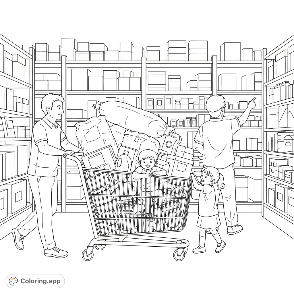 A bustling scene at Costco with a family of four, their oversized grocery cart brimming with bulk purchases and exciting finds. Perfect for a fun shopping-themed coloring page.