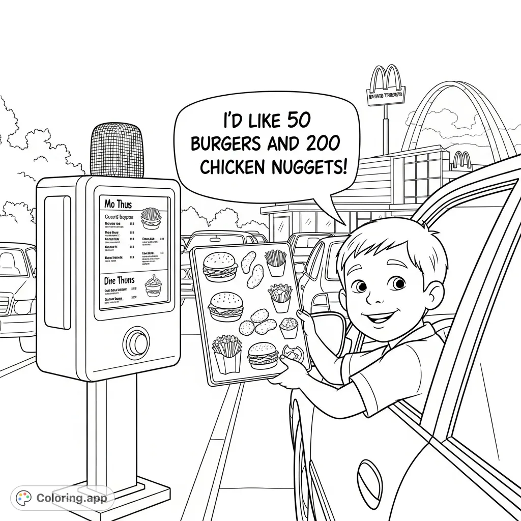 A fun McDonald's drive-thru scene where a boy comically orders 50 burgers and 200 chicken nuggets. Perfect for foodies and humor enthusiasts!