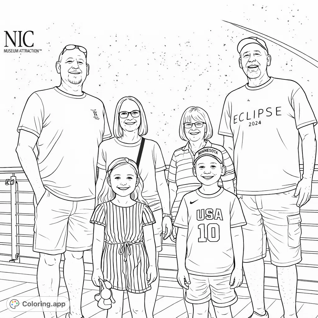 Capture the joy of a family group portrait with this engaging coloring page. Features six smiling individuals against a starry backdrop and ship railing.