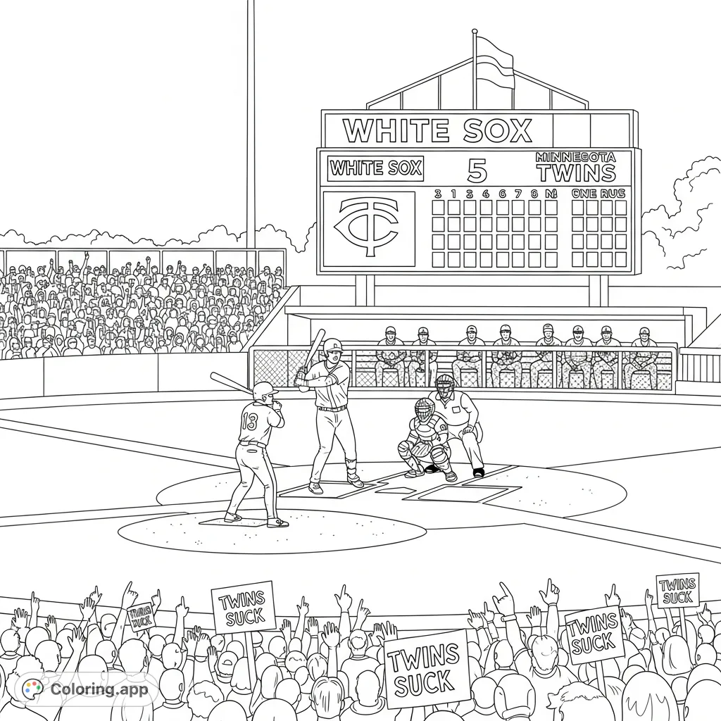 Experience a tense baseball game with the Minnesota Twins at bat, facing the White Sox. Fans cheer "Twins suck" as the scoreboard shows the Twins losing by 5.
