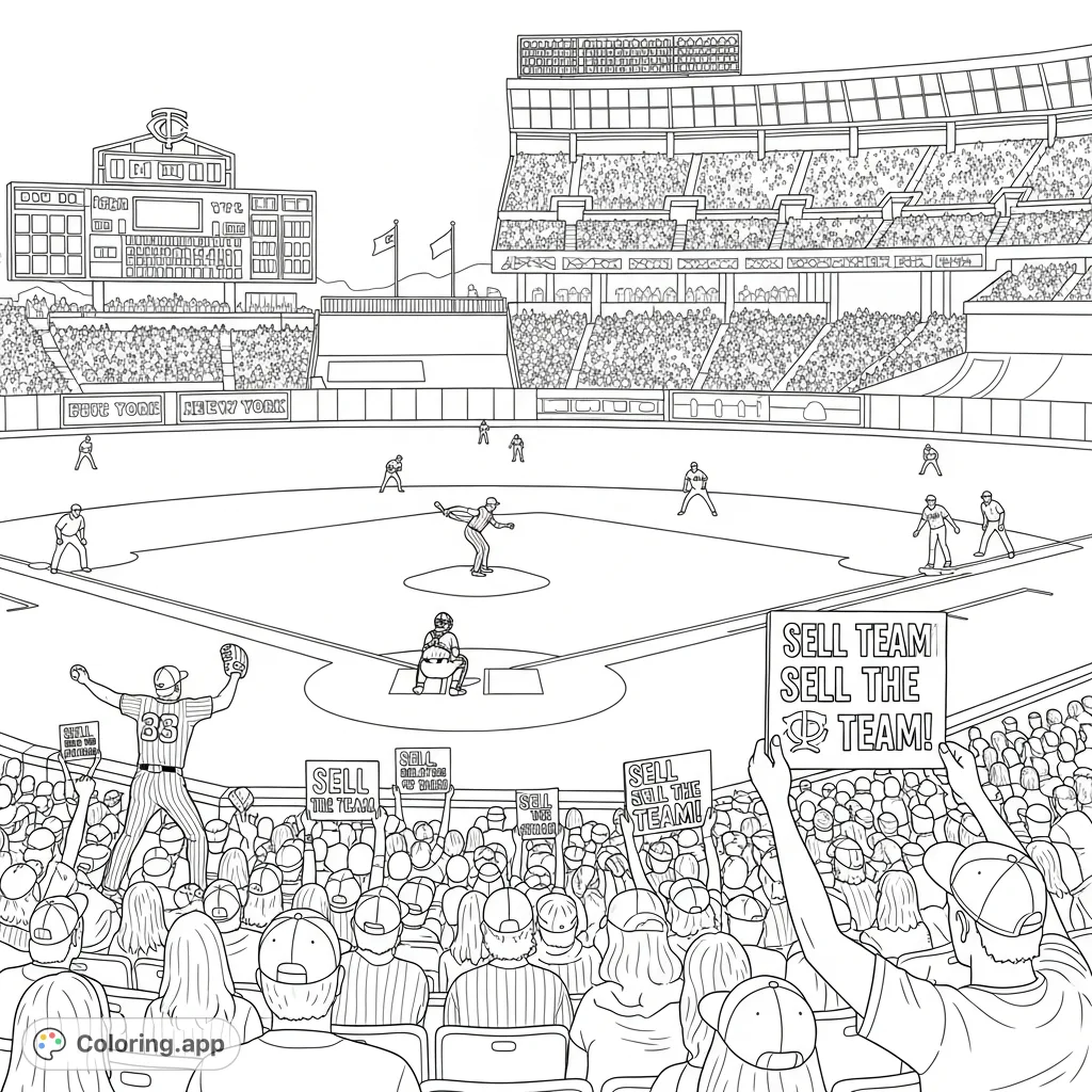 Experience a thrilling Twins vs. Yankees baseball game. Color the players in action and capture the passionate Twins fans chanting 'SELL THE TEAM' in the stands!
