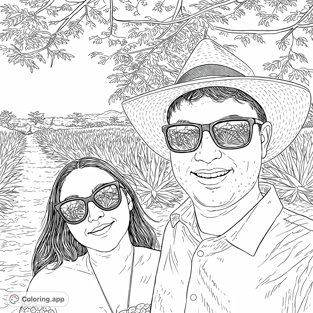 Capture a moment in an expansive agave field with this intricate coloring page featuring a couple with detailed plants and natural elements.