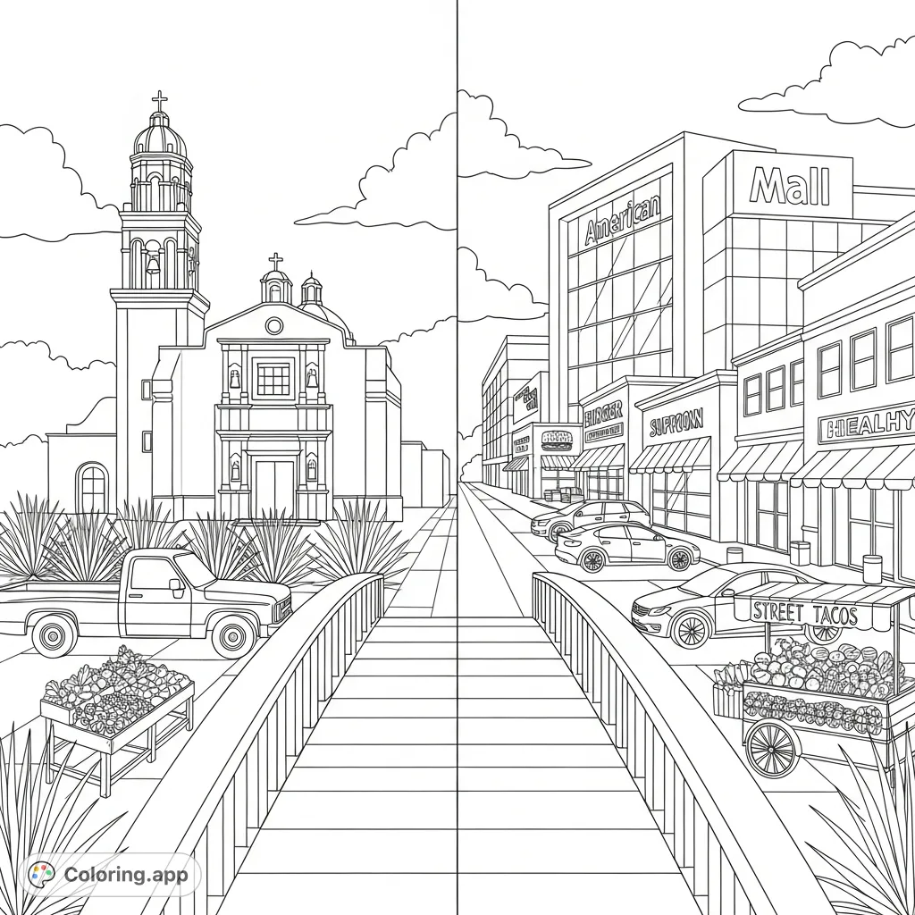 Explore the vibrant contrast of two border towns separated by a small bridge, showcasing diverse architecture, vehicles, and local establishments.