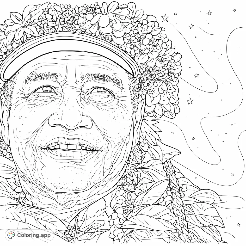Capture the serene wisdom of an elder adorned with a botanical wreath and lei, set against a celestial backdrop. A detailed cultural portrait for mindful coloring.