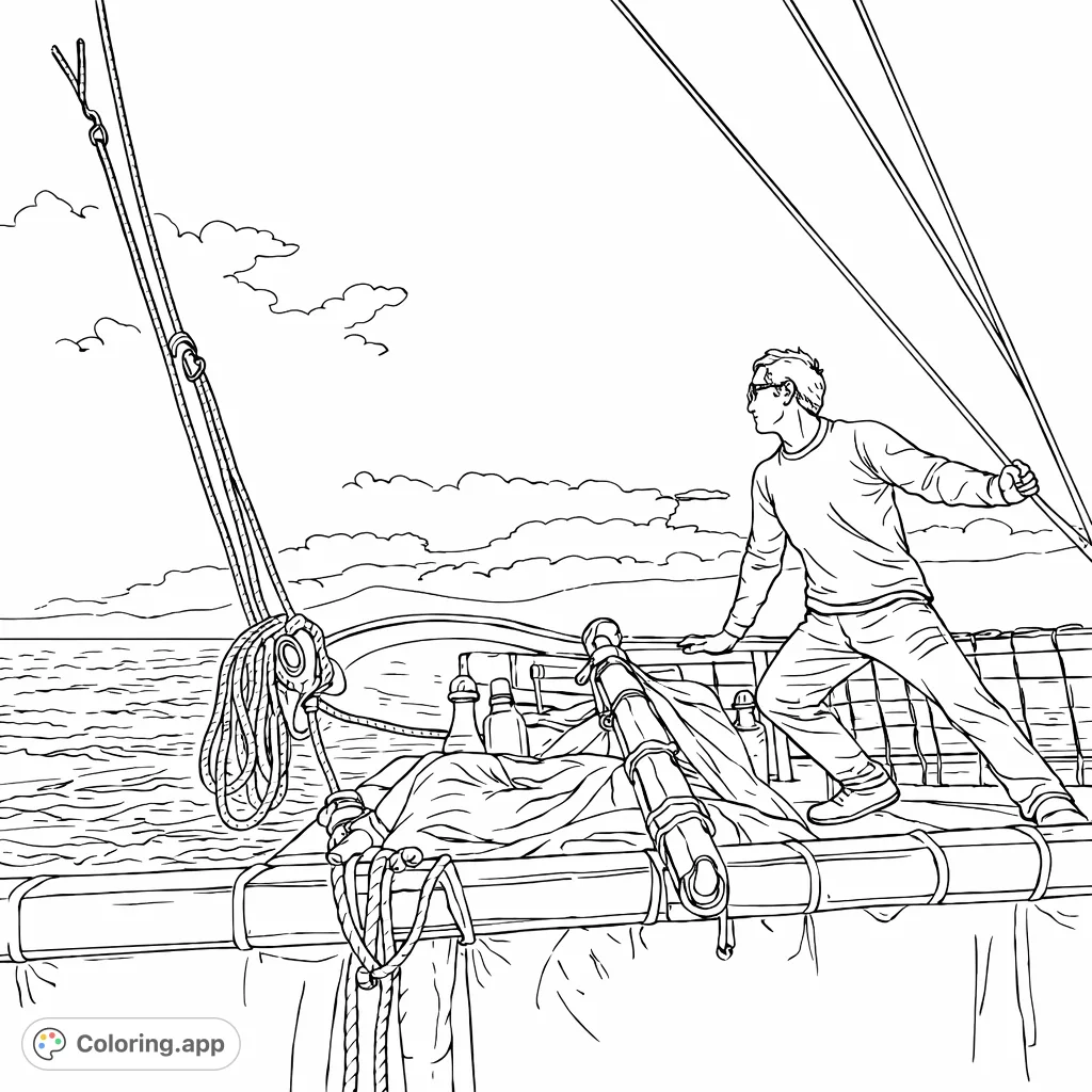 Experience the thrill of sailing on the open ocean with this detailed coloring page. A lone sailor guides his vessel under a vast sky, perfect for adventure lovers.