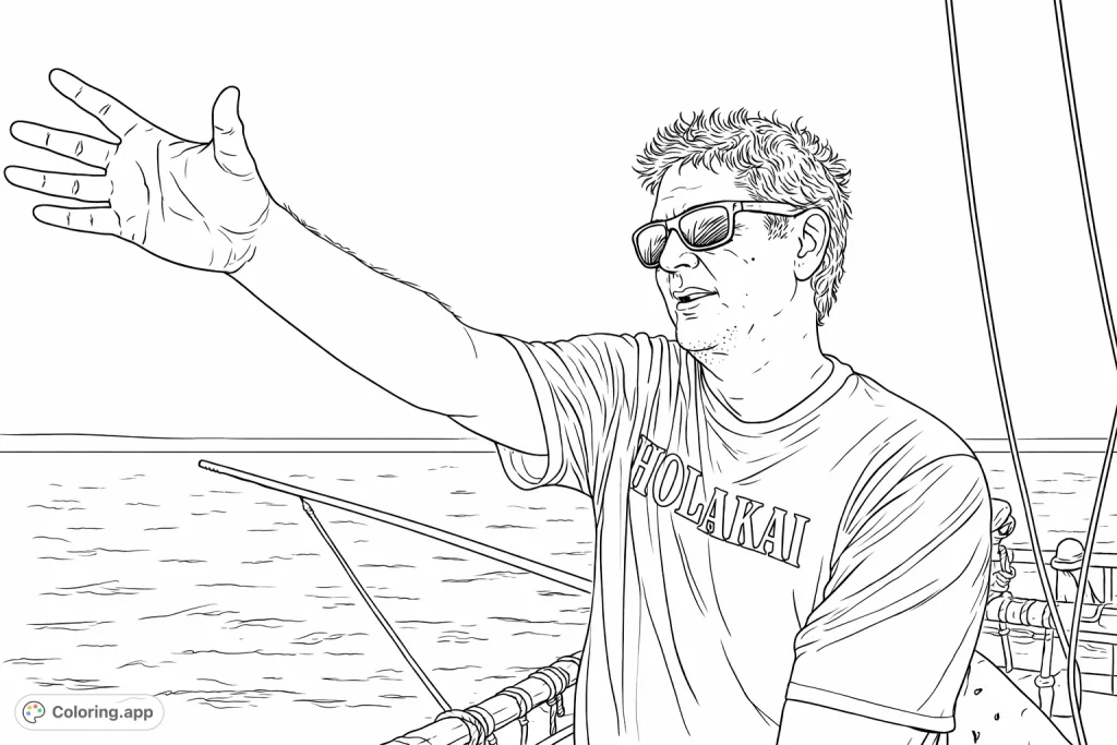 An engaging coloring page depicting a man on a boat, gesturing with an open hand, against a backdrop of open water and sky. Perfect for maritime enthusiasts.