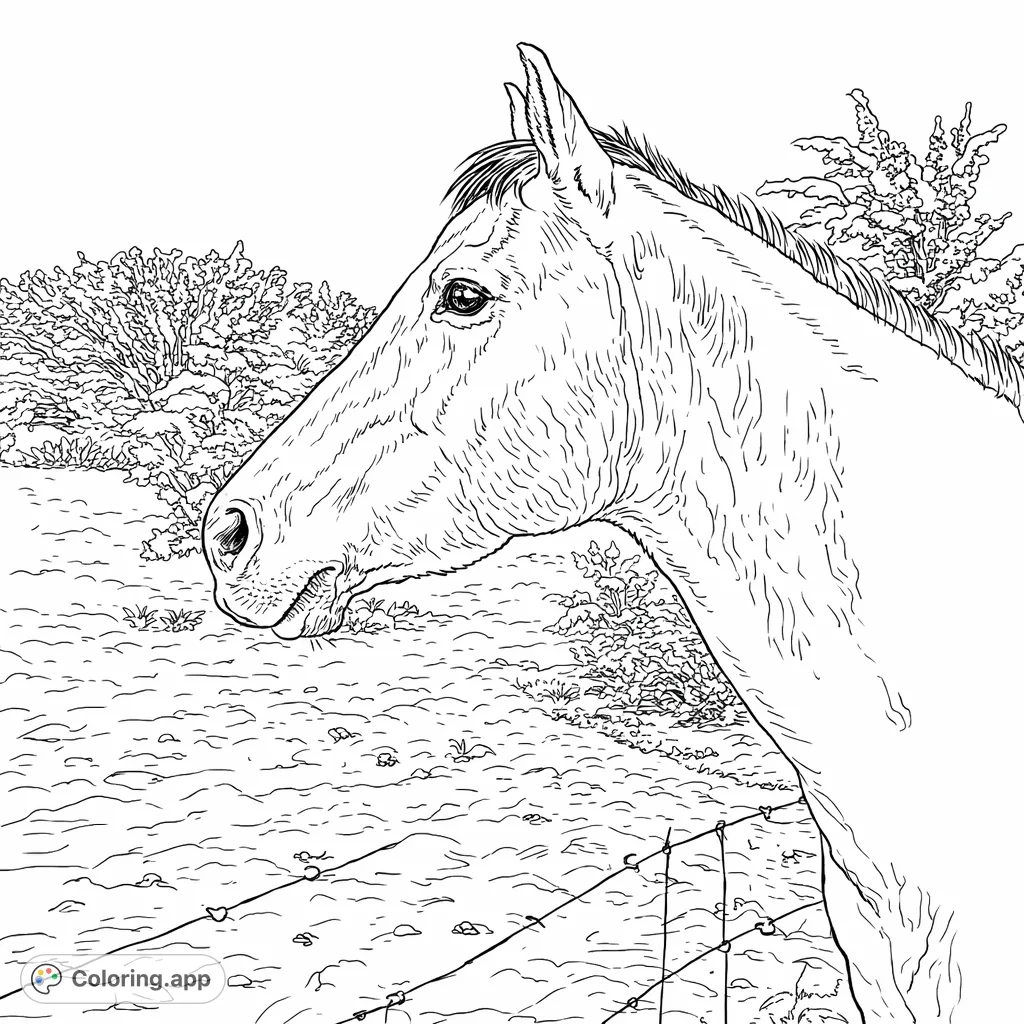 A majestic horse in profile stands gracefully in a snow-covered field with frosted evergreen trees. Ideal for animal lovers and winter enthusiasts.