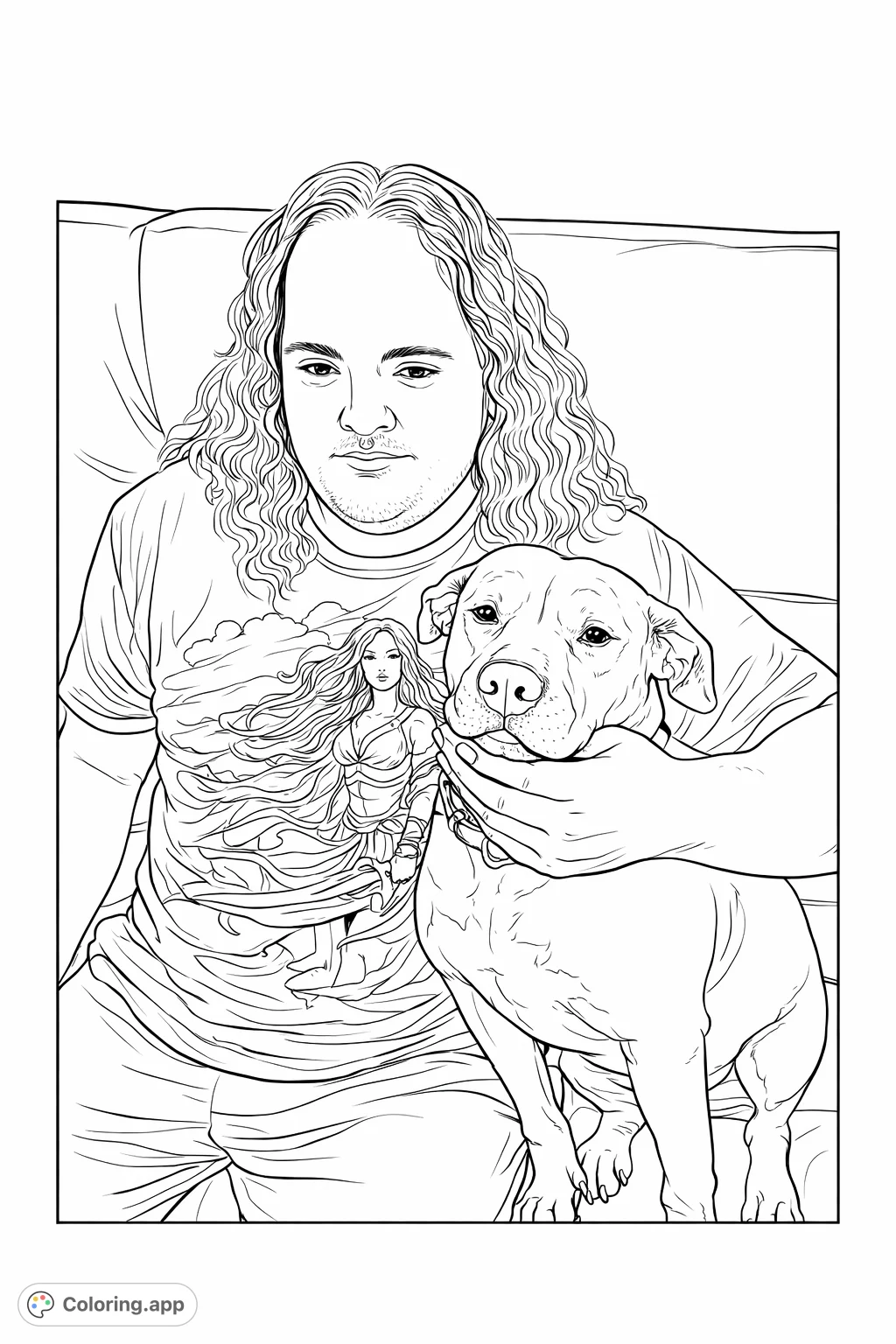 Capture a heartwarming scene of a person embracing their beloved dog. A tranquil moment of companionship perfect for pet lovers of all ages to color.