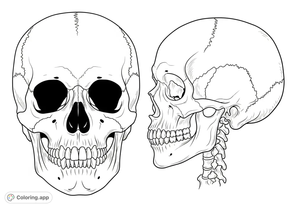 Explore anatomical detail with this skull coloring page featuring three human skulls from front, side, and bottom angles, showcasing intricate bone structures.