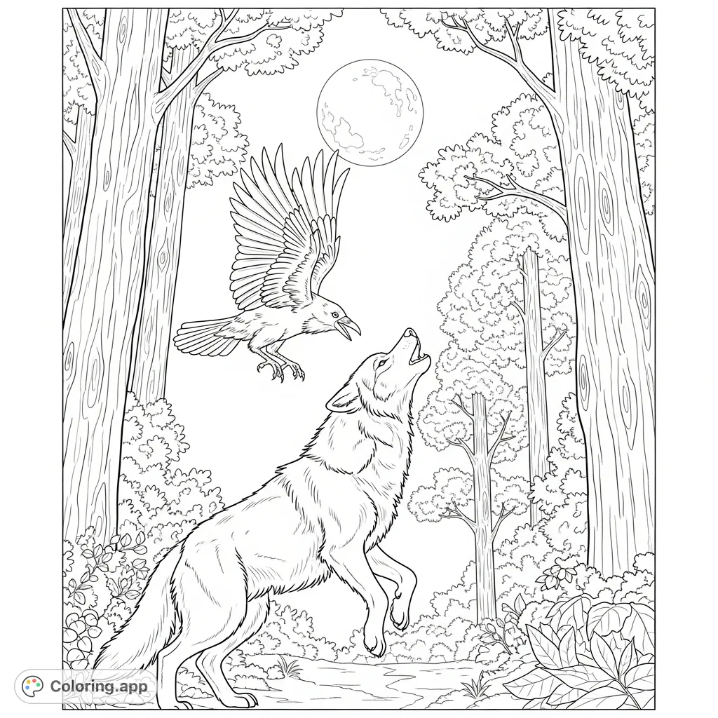 Unleash your creativity with this wolf and raven coloring page! A dynamic scene of a powerful wolf and a playful raven under a full moon in a dense forest.
