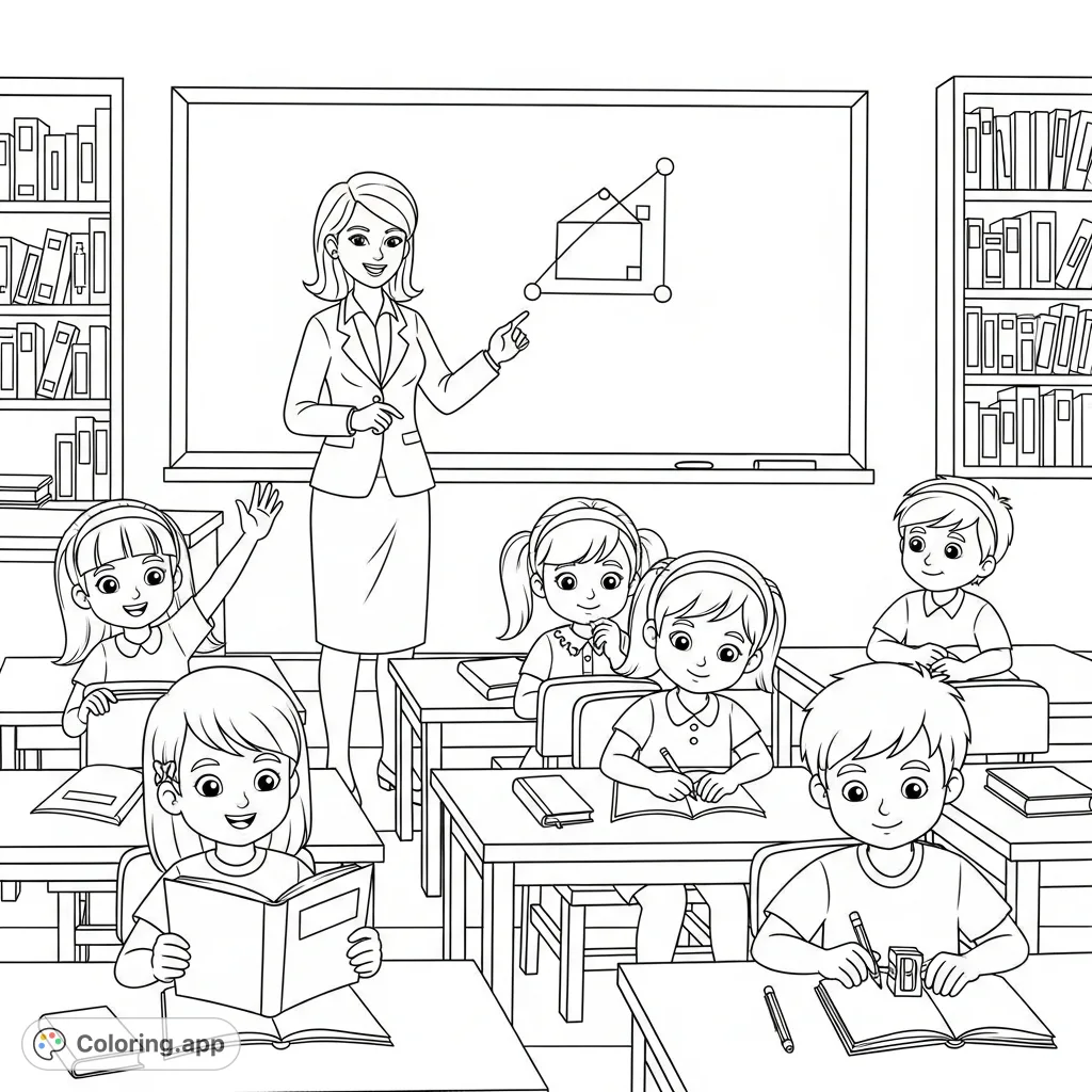 A vibrant classroom coloring page featuring a female teacher and five diverse students engaged in learning activities, surrounded by educational elements.
