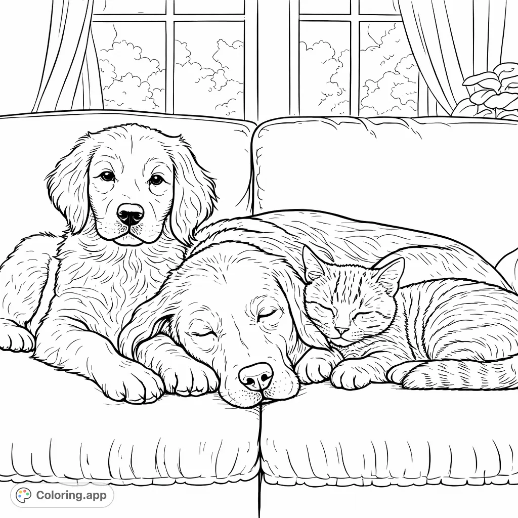 A heartwarming scene of a puppy, a dog, and a cat peacefully napping together on a comfortable sofa. Perfect for pet lovers and a relaxing coloring experience.