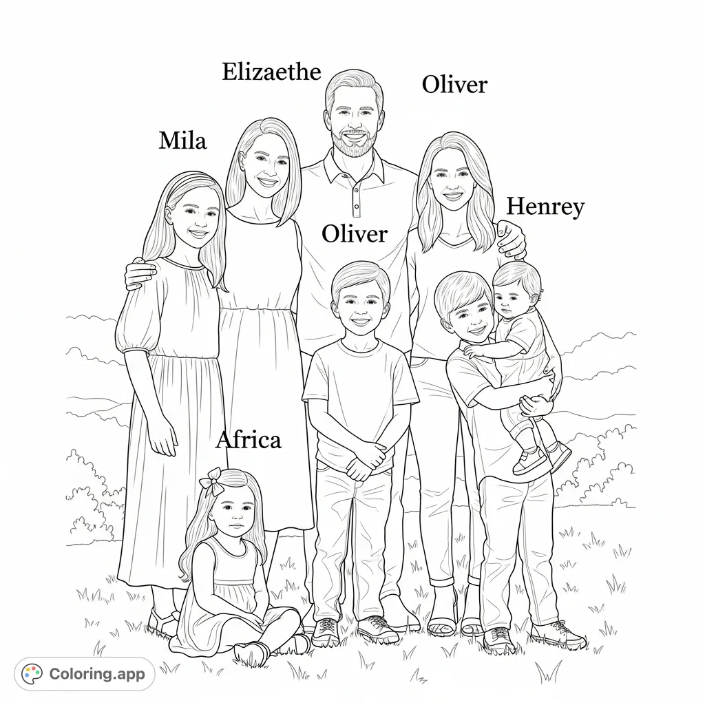 A heartwarming family portrait of six, including parents, four girls, and two boys, with names Mila, Elizaethe, Oliver, Henrey, and Africa. Ideal for personalizing.
