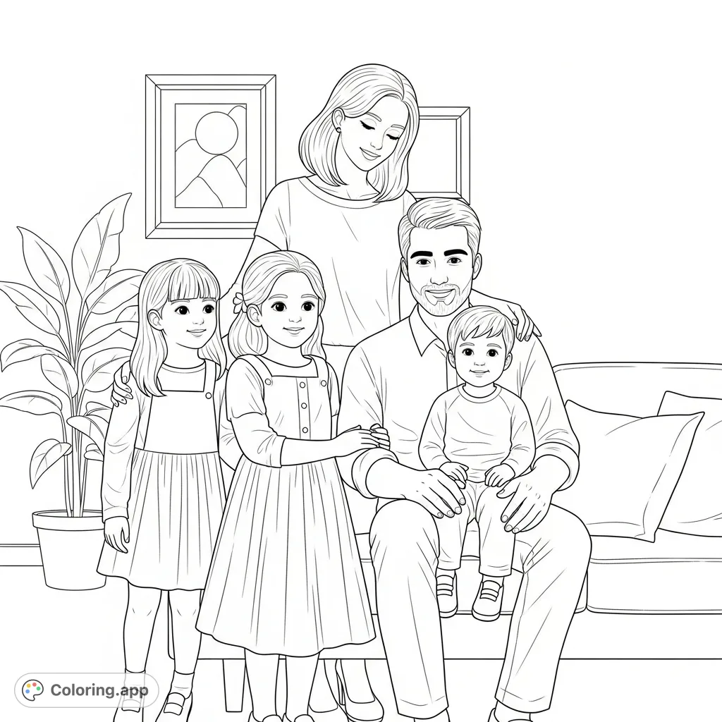 A heartwarming family portrait featuring a mom, dad, two daughters, and a son in a cozy setting. Perfect for a personalized family coloring page.
