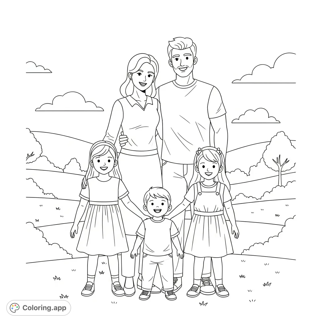 A delightful family coloring page featuring a mom, dad, two girls, and a boy in a cheerful outdoor scene. Perfect for all ages!