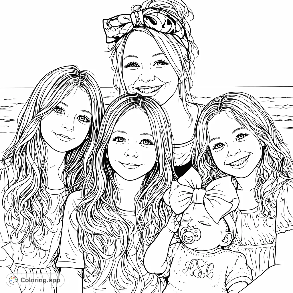 A heartwarming family portrait featuring a mother and her four daughters at the beach, capturing their joy and connection. Perfect for a relaxing coloring experience.