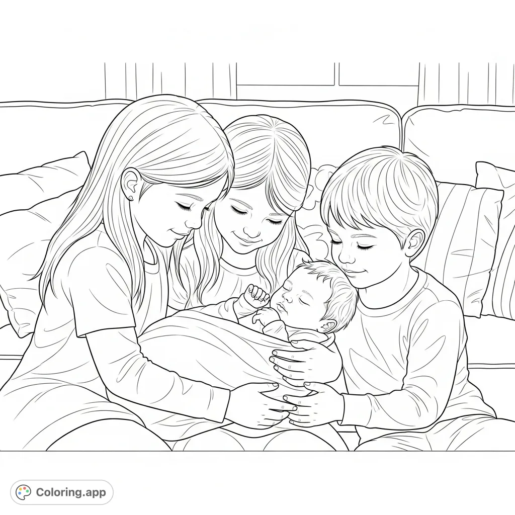 A heartwarming scene of sibling love featuring three girls and one boy gently gathered around their newborn baby brother in a tender embrace, filled with joy and warmth.