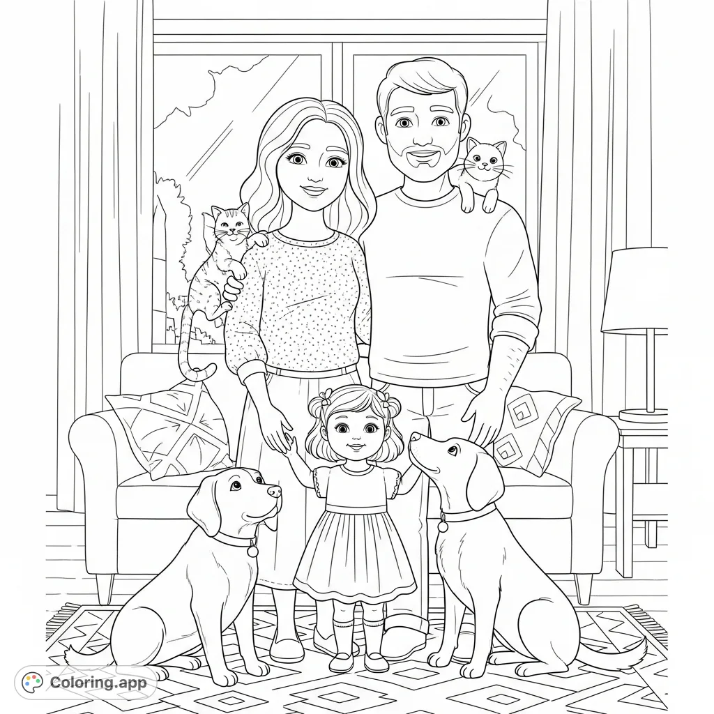 A heartwarming family portrait featuring Hannah, George, Mya, their dogs Max and Nala, and cat Ginger, perfect for a free printable coloring page.