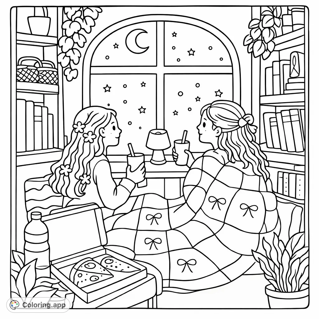 Enjoy a cozy night in with two friends, sharing pizza and drinks by a starry window. A perfect scene for relaxation and creative coloring fun with charming details.
