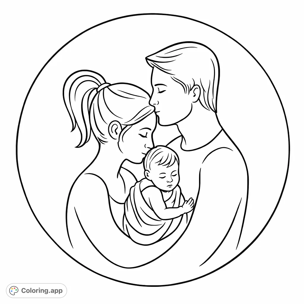 A heartwarming family scene featuring parents tenderly embracing their newborn, symbolizing love and connection. A free printable family coloring page.
