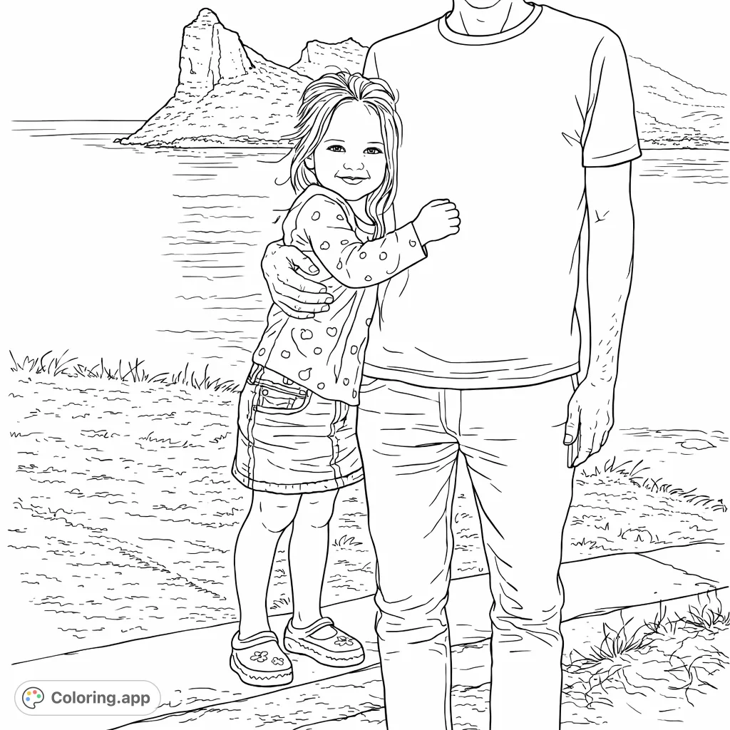 A heartwarming family moment by the coast, featuring a child hugging an adult with a majestic mountain and ocean in the background. Perfect for family-themed coloring.