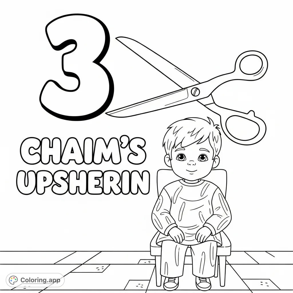 Celebrate a special milestone with this Chaim's Upsherin coloring page. Features a boy at his first haircut with large scissors and the number 3.