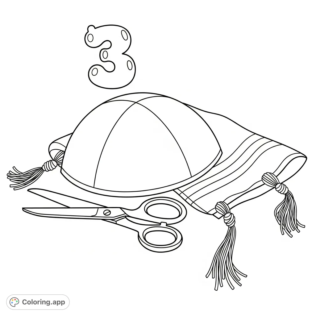 Explore Jewish traditions with a yarmulka, tzitzis, the number 3, and scissors. A culturally rich and educational free printable coloring page.