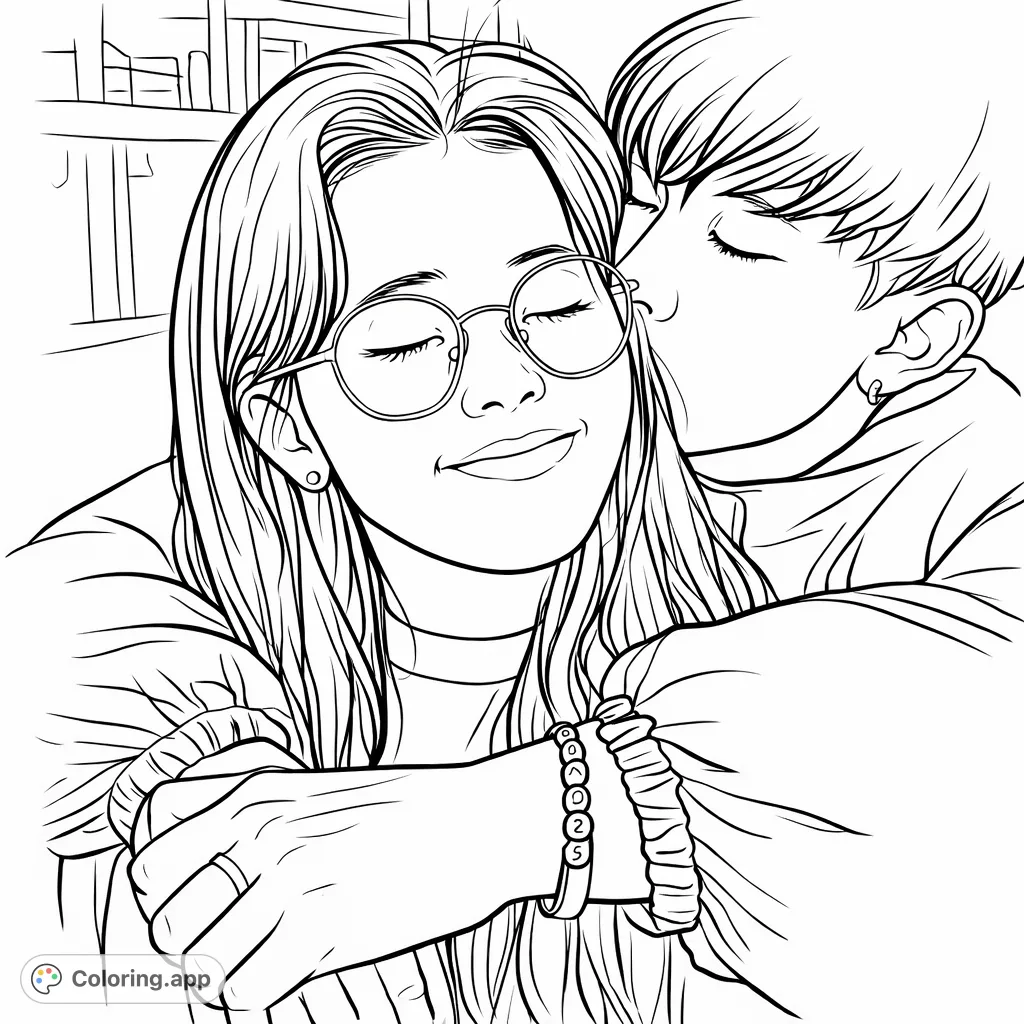 Capture a tender moment with this affectionate embrace coloring page. Featuring two individuals in a loving pose, perfect for expressing warmth and connection.