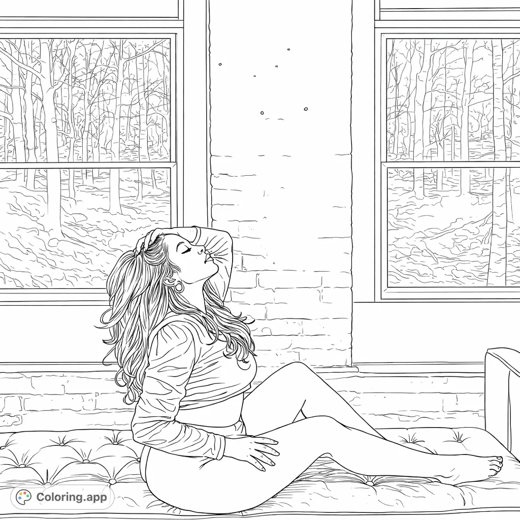 A captivating coloring page of a woman in a sensual pose on a tufted lounge, bathed in light from large windows. Perfect for adult colorists.