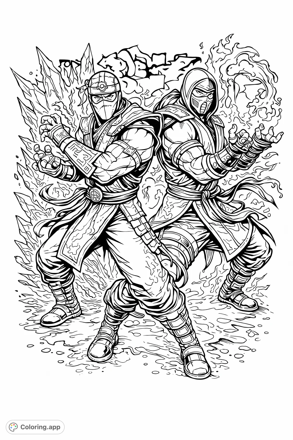 Experience an epic elemental clash with two masked warriors wielding distinct powers against a vibrant, graffiti-laden backdrop. Dive into action and bring this intense combat scene to life!