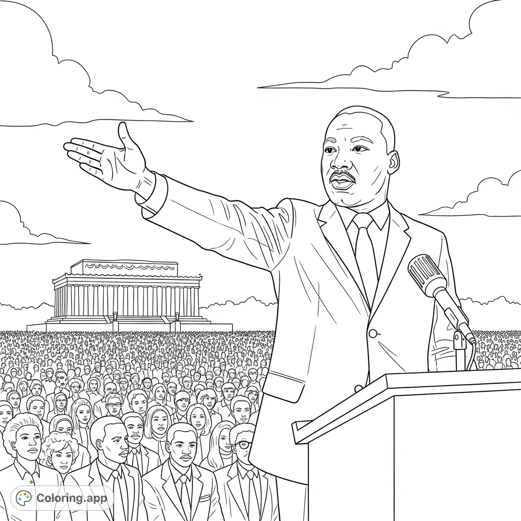 An inspiring Martin Luther King Jr. coloring page depicting him at a podium, delivering a powerful speech to a hopeful crowd before the iconic Lincoln Memorial.