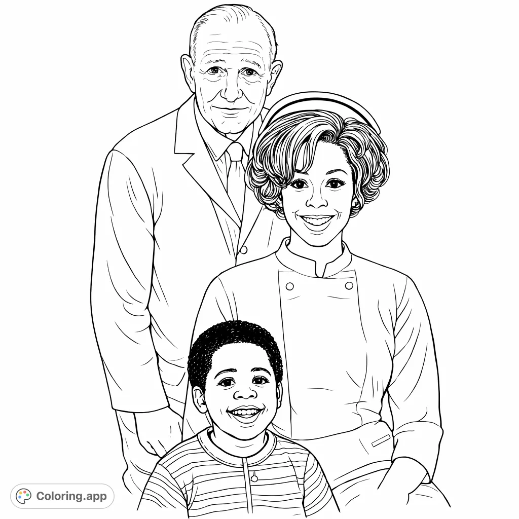 A heartwarming portrait of a doctor, nurse, and a young child, perfect for a healthcare workers coloring page. A diverse trio sharing a smile.