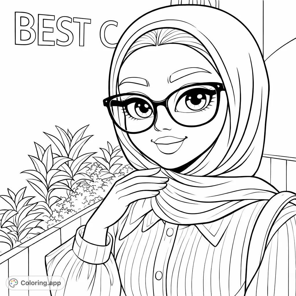 A modern portrait of a stylish woman wearing a hijab and glasses, featuring a striped shirt and leafy plants. Express your creativity!