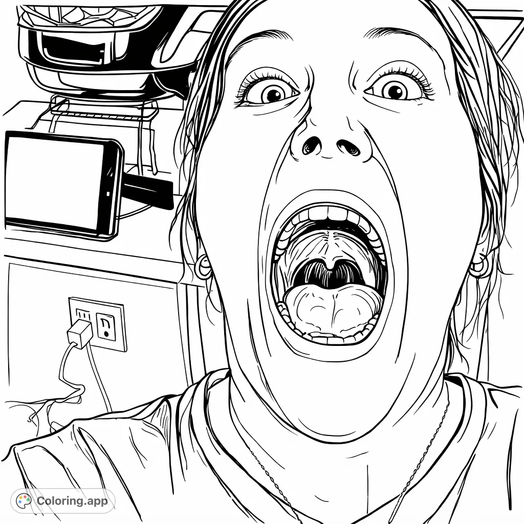 Capture a moment of extreme emotion with this unique coloring page featuring a person's dramatically wide-mouthed expression and startled eyes.