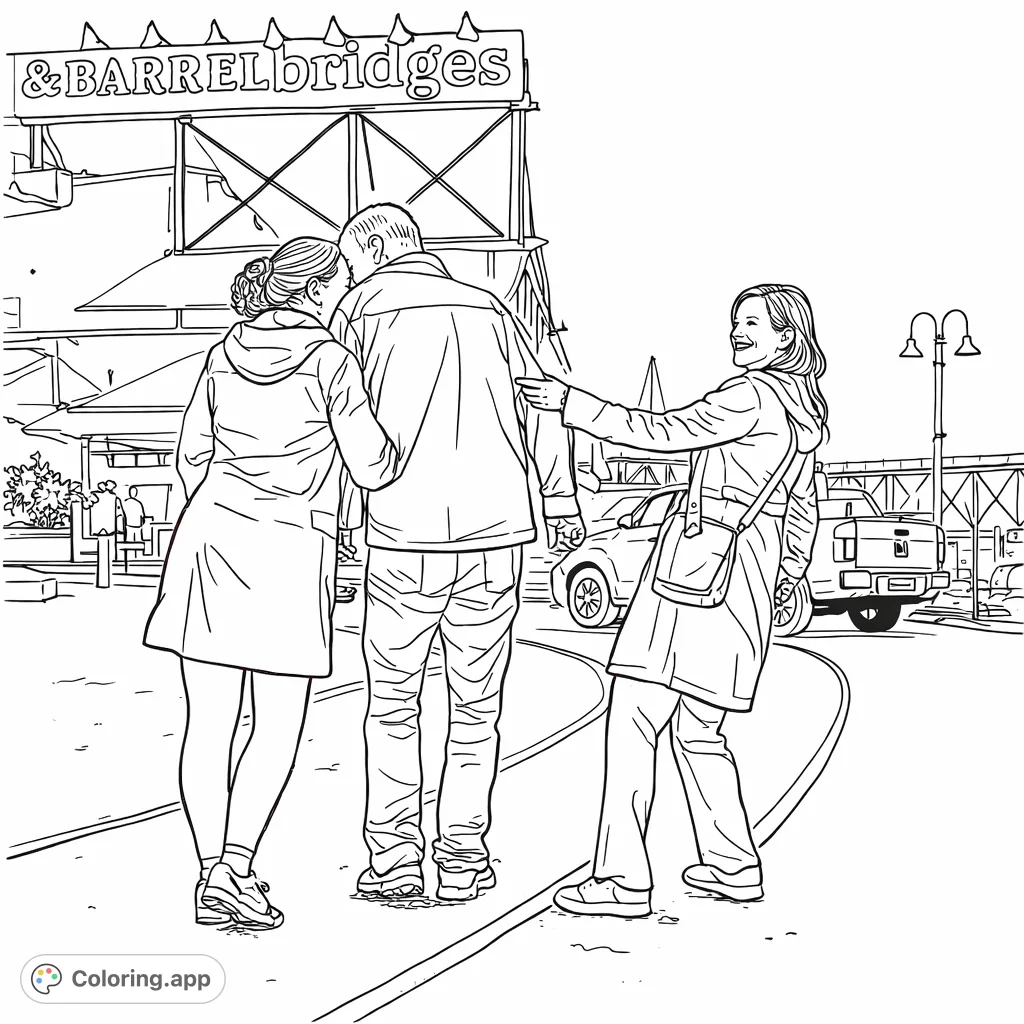 Capture a moment of shared joy with three individuals on a bustling waterfront, featuring an embrace and playful interaction.