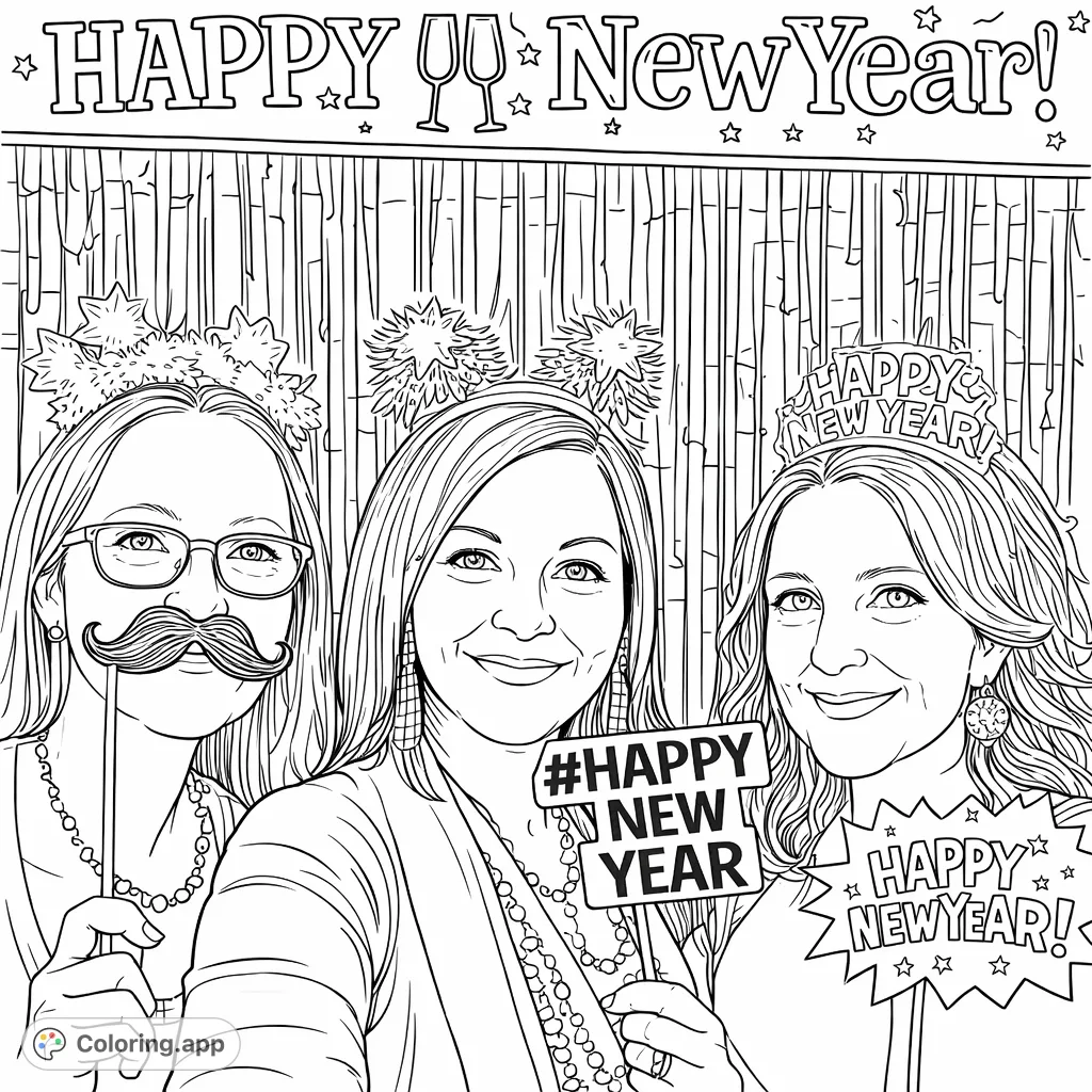 Celebrate with friends and festive props in this New Year's themed coloring page. Features smiling faces, fun headbands, and a celebratory banner.